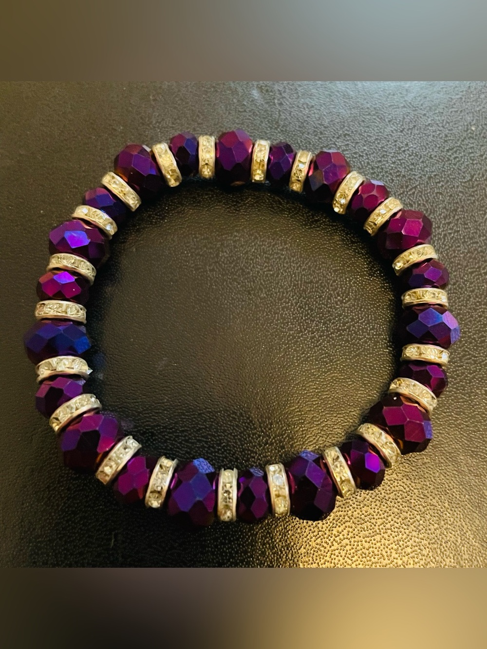 Czech Crystal Purple Opaque Bracelet 7”-8” stretchy NEW Gorgeous!
